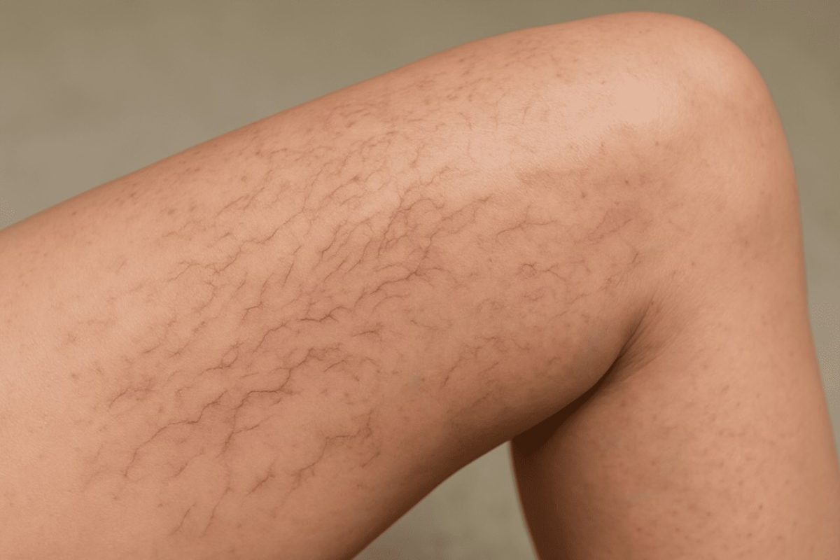 A close-up photo of an Asian woman’s leg showing visible spider veins with reddish lines under the skin, captured in natural lighting.