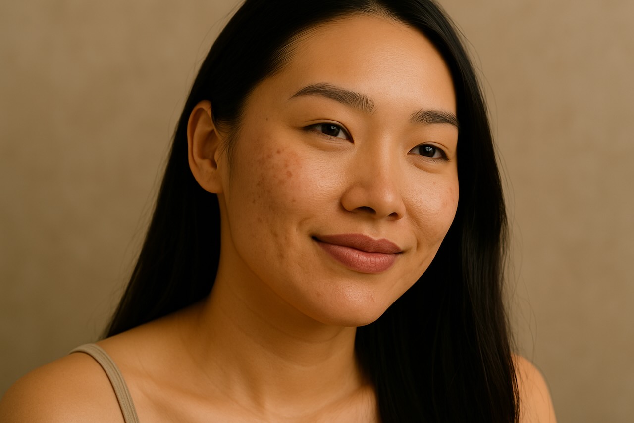 Asian woman smiling with mild acne scars on her cheek, looking confident and relaxed.