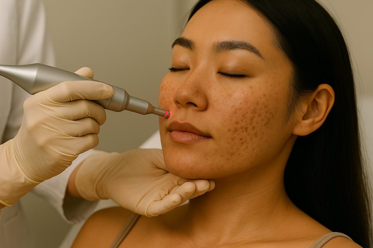 Dermatologist performing laser treatment on Asian woman’s cheek for acne scars.