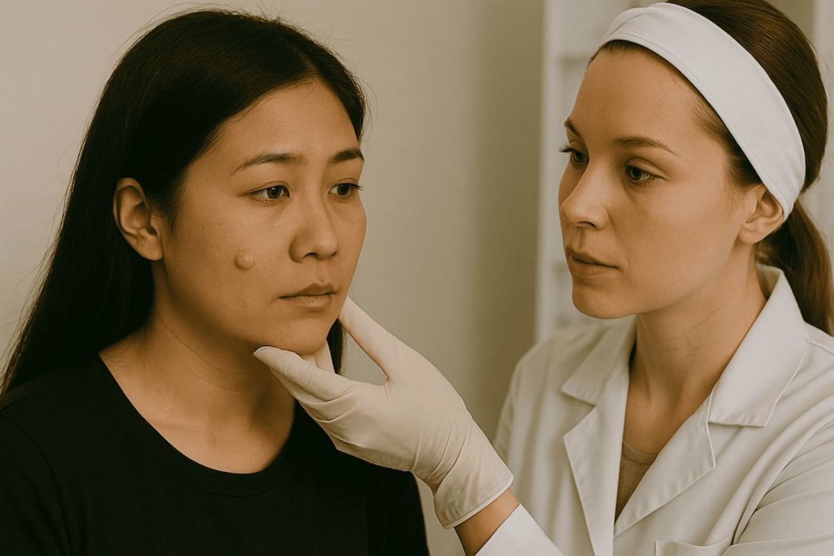 A woman with a wart on her cheek being examined by a medical professional.