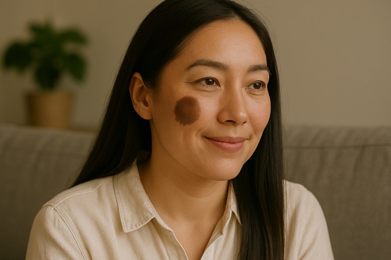 Woman with a large brown pigmented birthmark on her cheek.