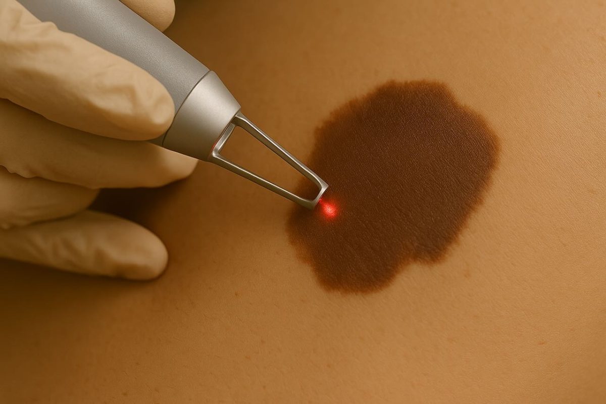 Close-up of Pico laser device targeting a dark birthmark on the skin during treatment.