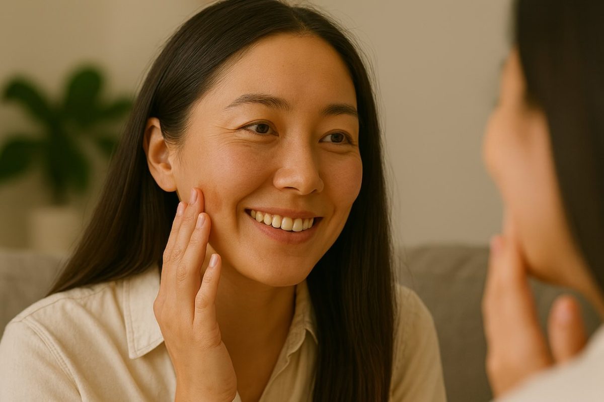 Smiling woman touching her cheek while looking at her reflection after treatment.