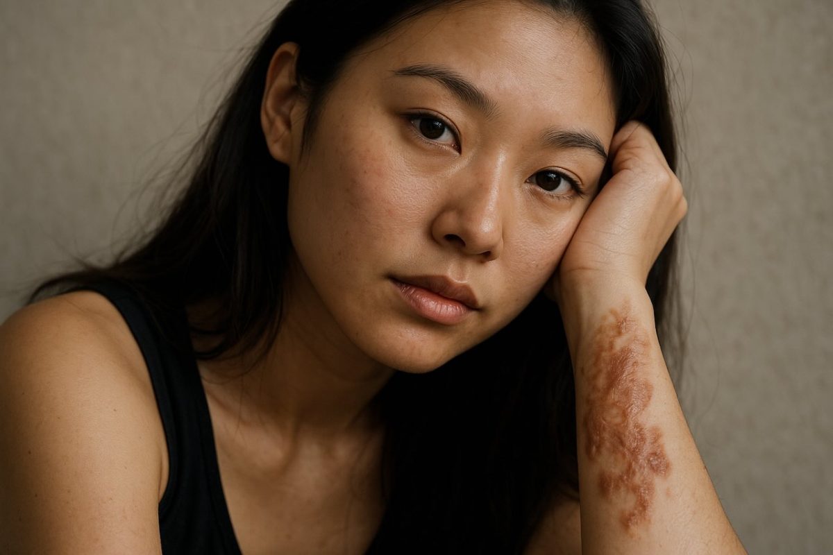 Portrait of a woman with a burn scar on her forearm, resting her head on her hand.