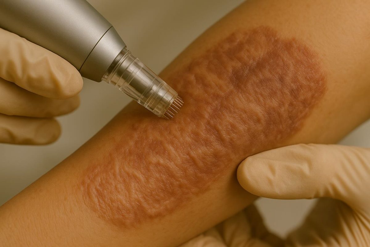 Close-up of a forearm undergoing microneedling treatment from a dermatologist.