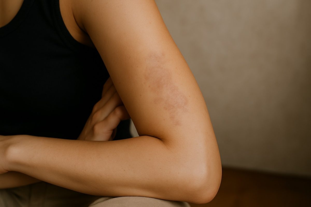 Mid-range shot of a faded burn scar on a forearm after treatment, showing improved skin texture.