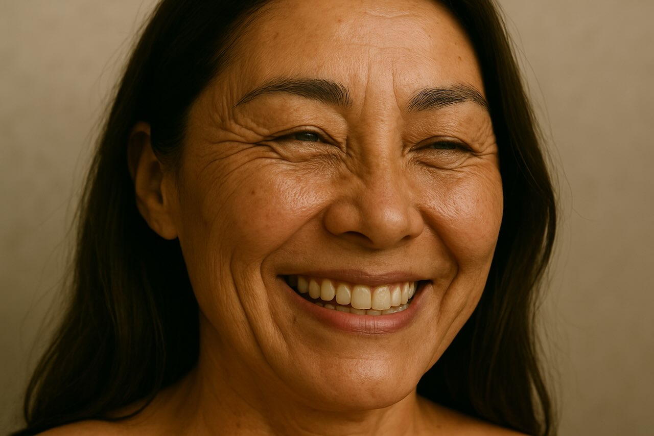 A mature Asian woman smiling warmly, showing visible crow’s feet and fine lines around her eyes.