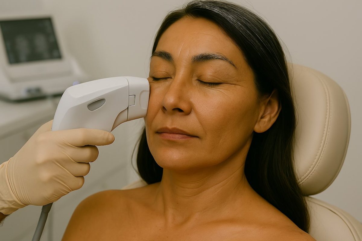 A mature Asian woman receiving HIFU treatment to treat crow’s feet at a dermatology clinic.