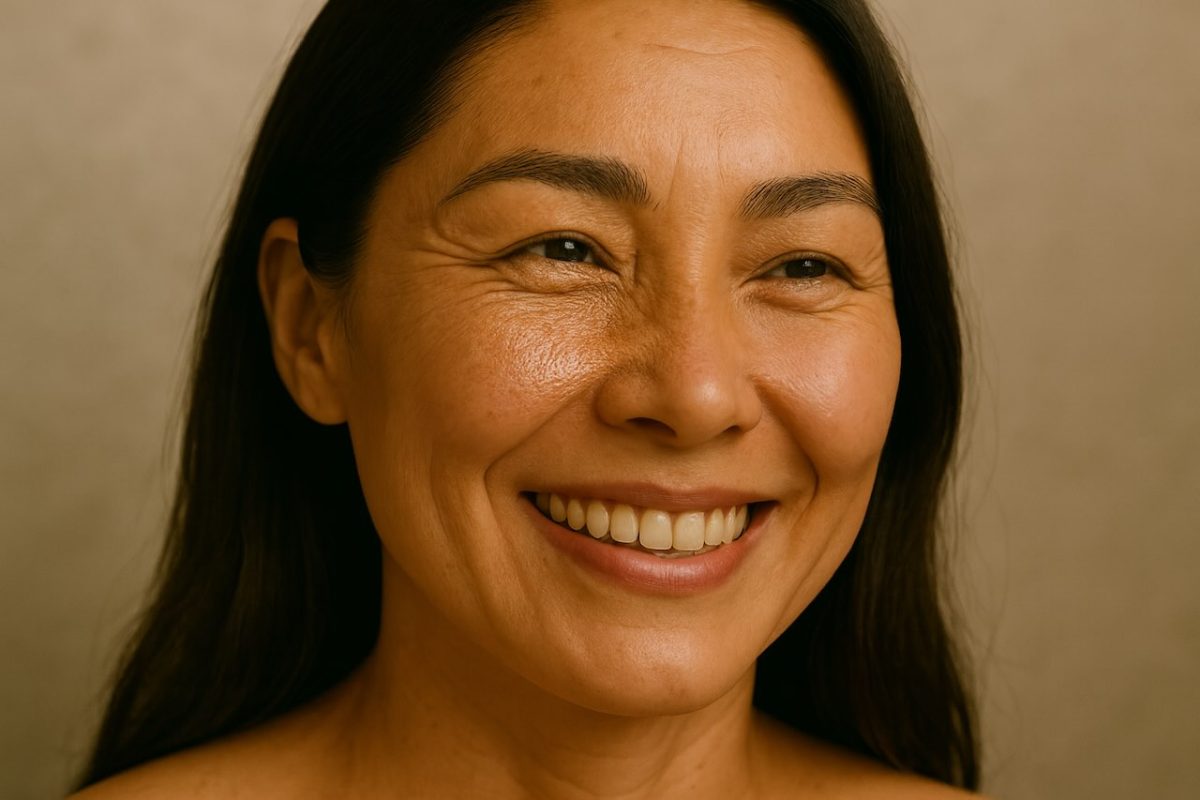 A mature Asian woman smiling with softened crow’s feet after facial treatment for wrinkle reduction.
