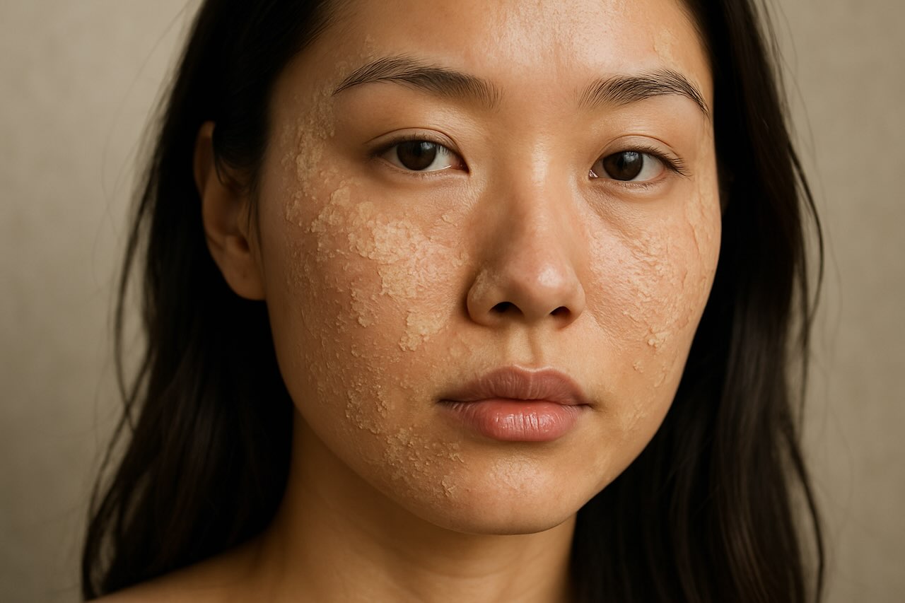 Close-up of young Asian woman with dry flaky patches on cheeks and chin