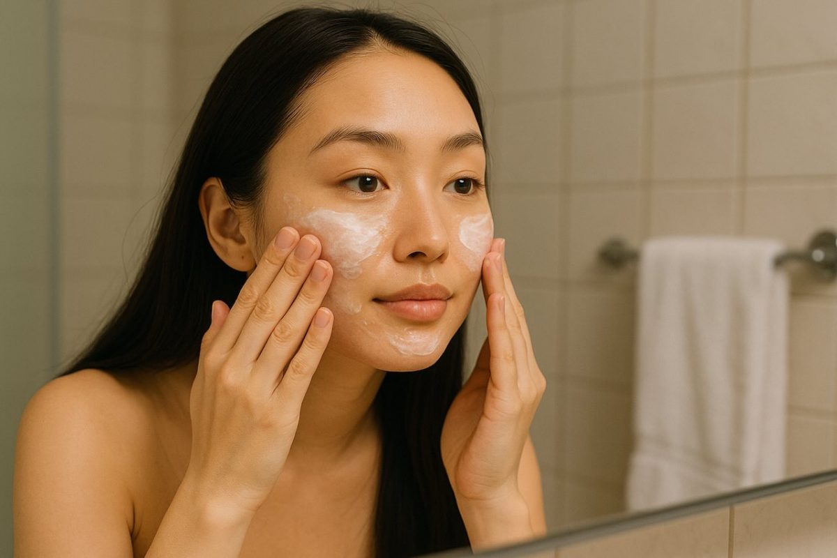 Woman applying moisturizer on the dry patches of her face in the bathroom