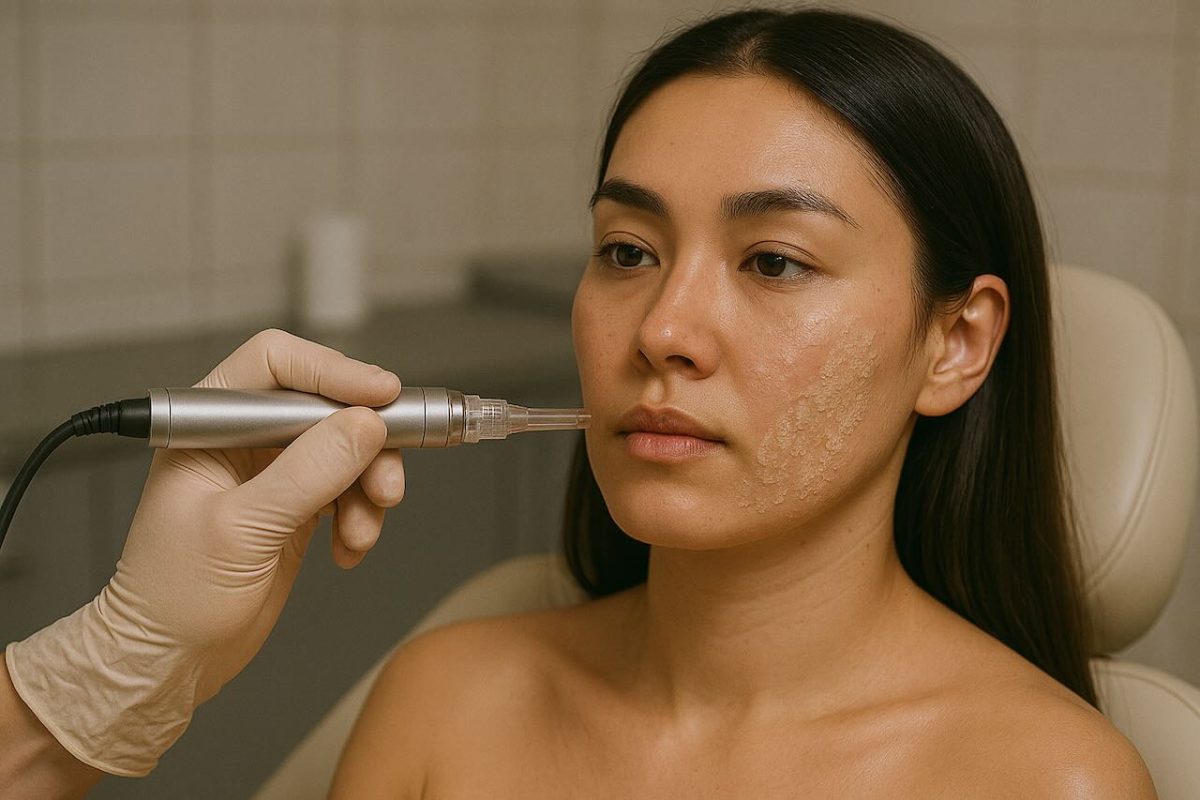 Dermatologist performing microneedling on young woman with dry patches on her face