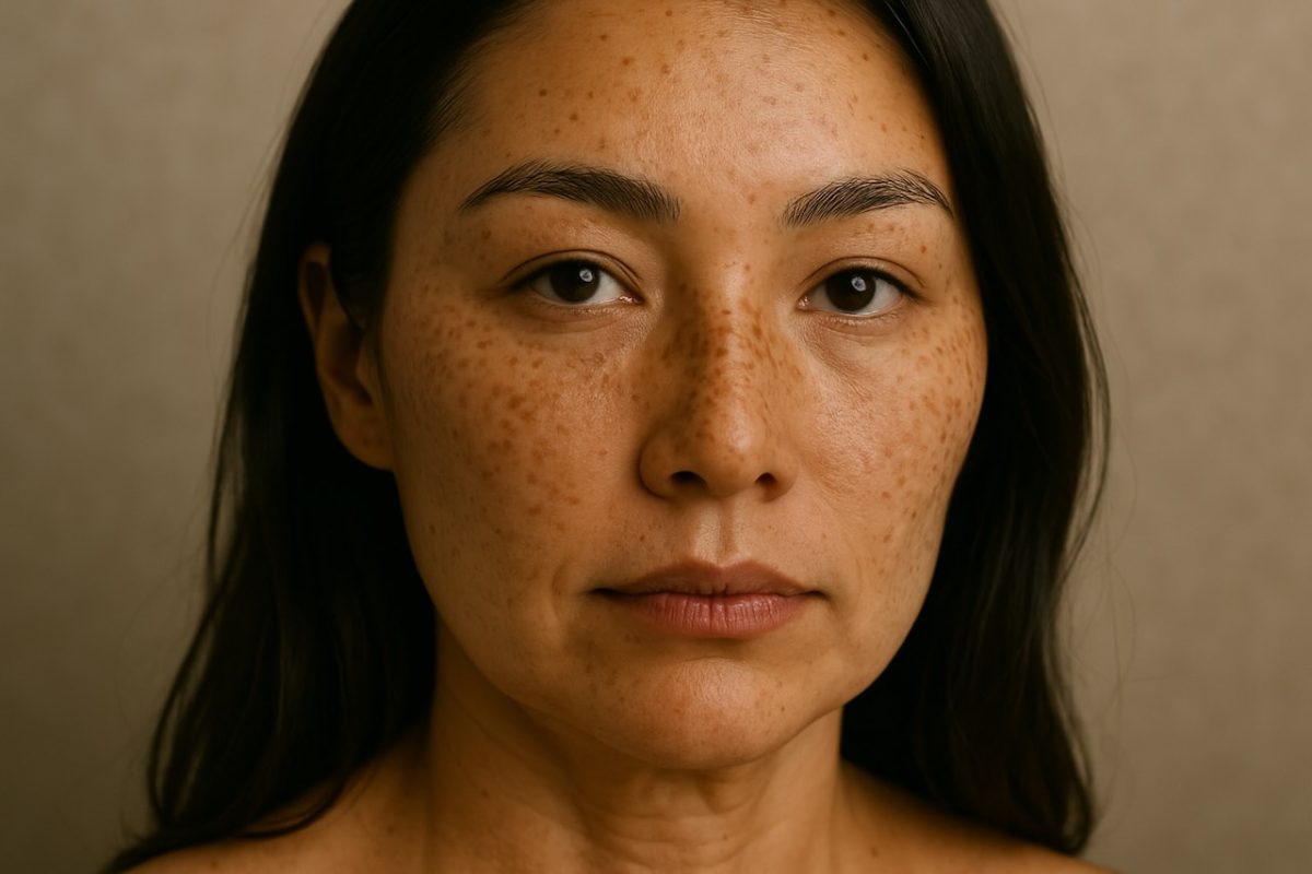 Close-up of Asian woman with visible freckles on her face.