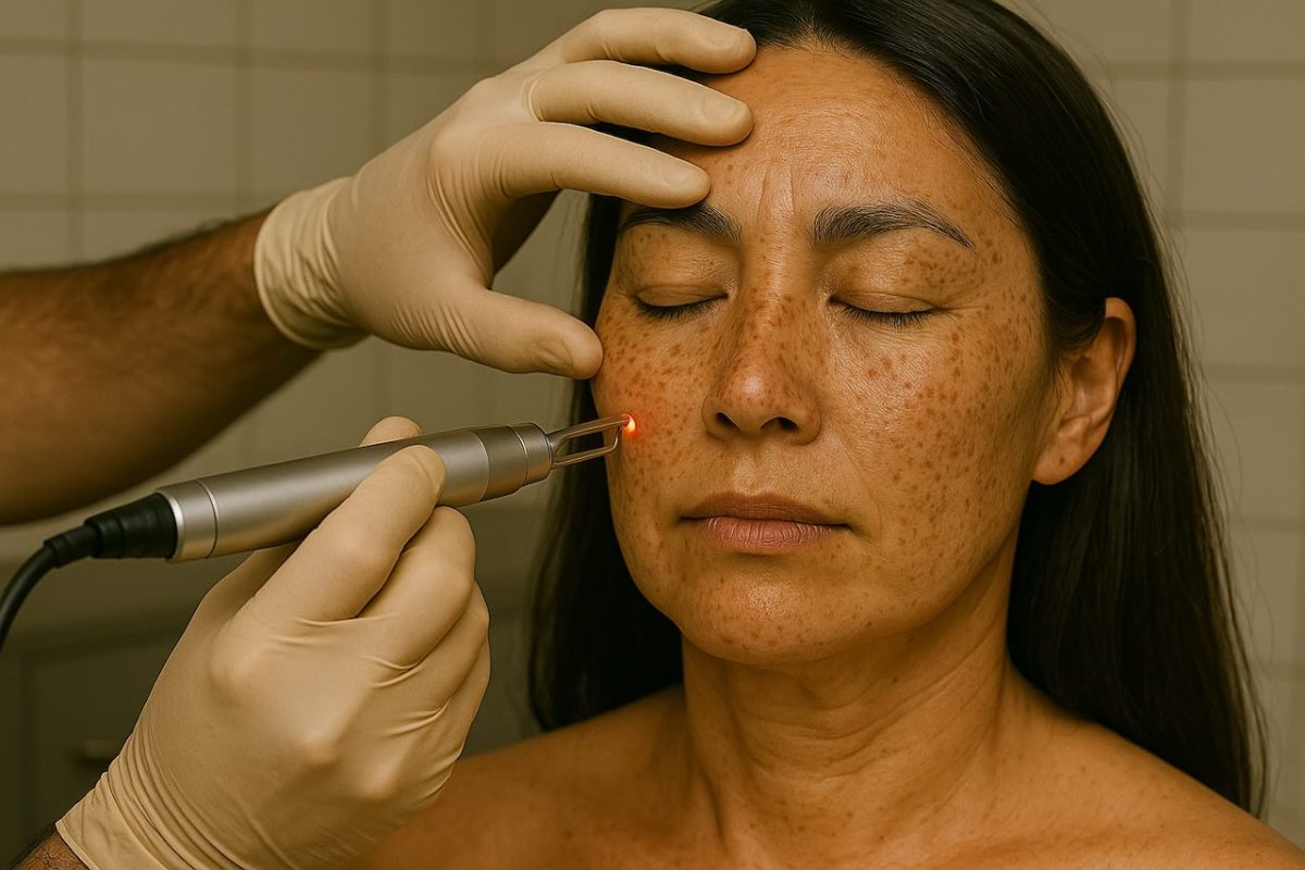 Dermatologist performing Pico Laser treatment on Asian woman’s cheek to reduce freckles, clinic setting.