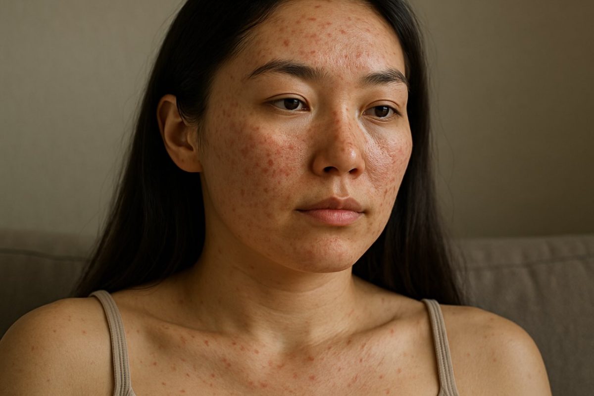 Woman with fungal acne on face and chest, looking serious while sitting indoors.