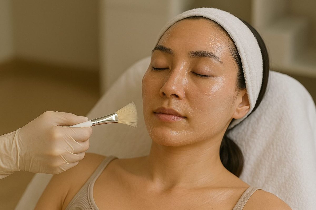 Woman lying on a clinic bed with eyes closed, receiving a chemical peel applied with a brush.