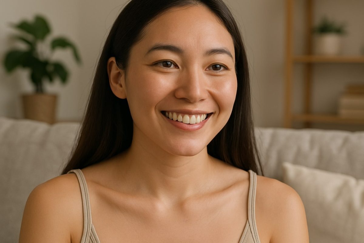 Woman smiling confidently with clear skin after receiving treatment for fungal acne.