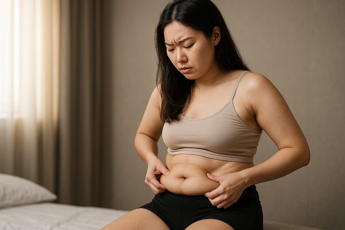 Woman examining excess belly fat while sitting, showing concern about stubborn fat.