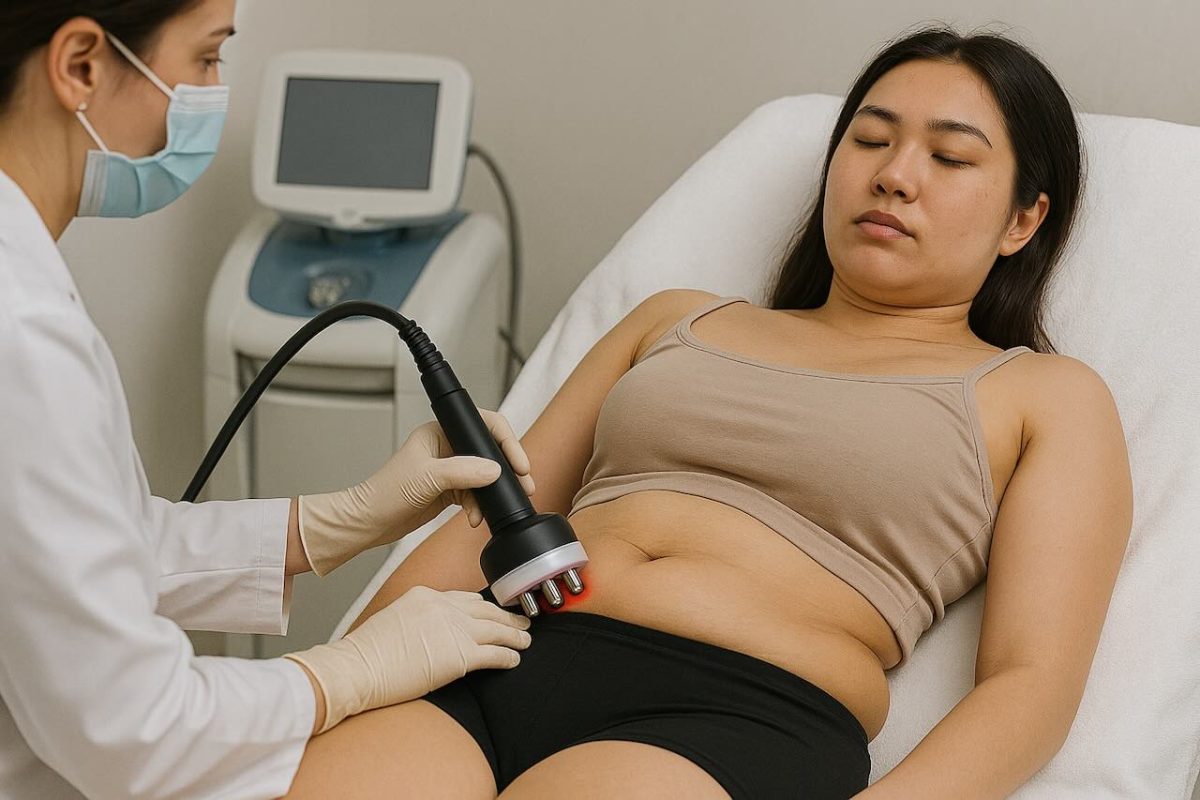 Patient receiving a non-invasive body contouring treatment on her abdomen in a clinic.