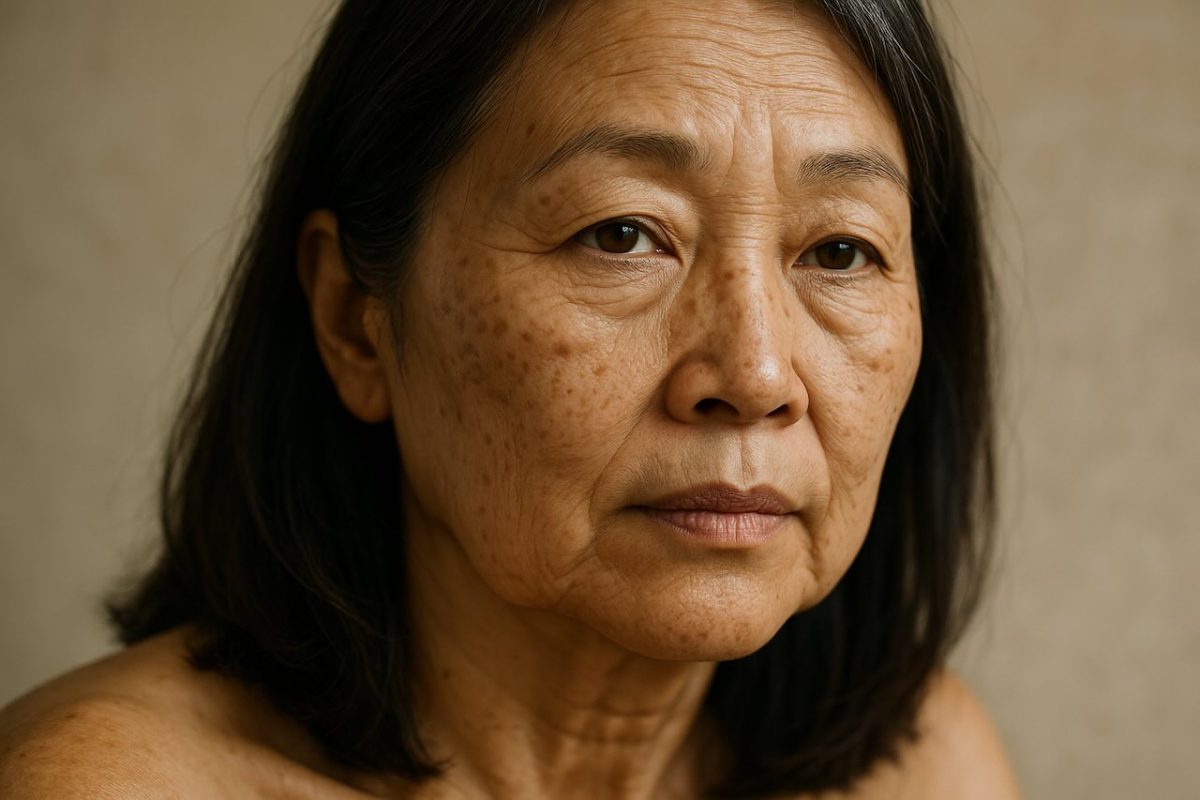 Close-up of a mature Asian woman with wrinkles and dark spots, showing visible signs of skin aging.