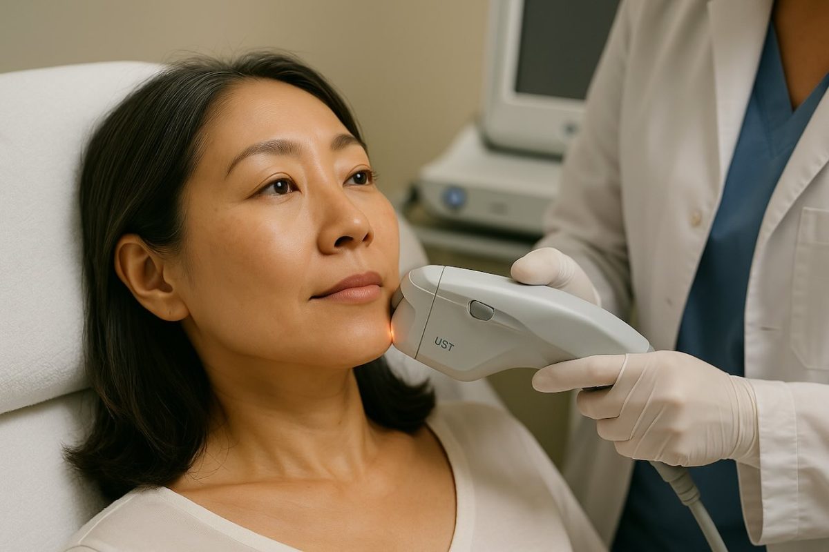 Dermatologist performing Ultherapy treatment on a mature woman’s face.