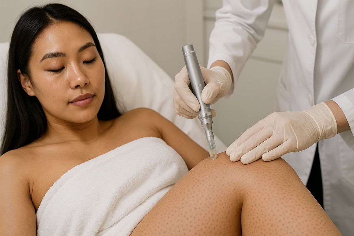 Dermatologist performing microneedling on a woman’s legs to treat strawberry skin in a clinical setting.