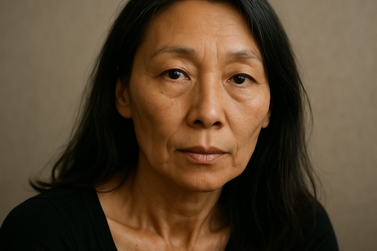 Portrait of a mature Asian woman with visible sunken cheeks and signs of aging.