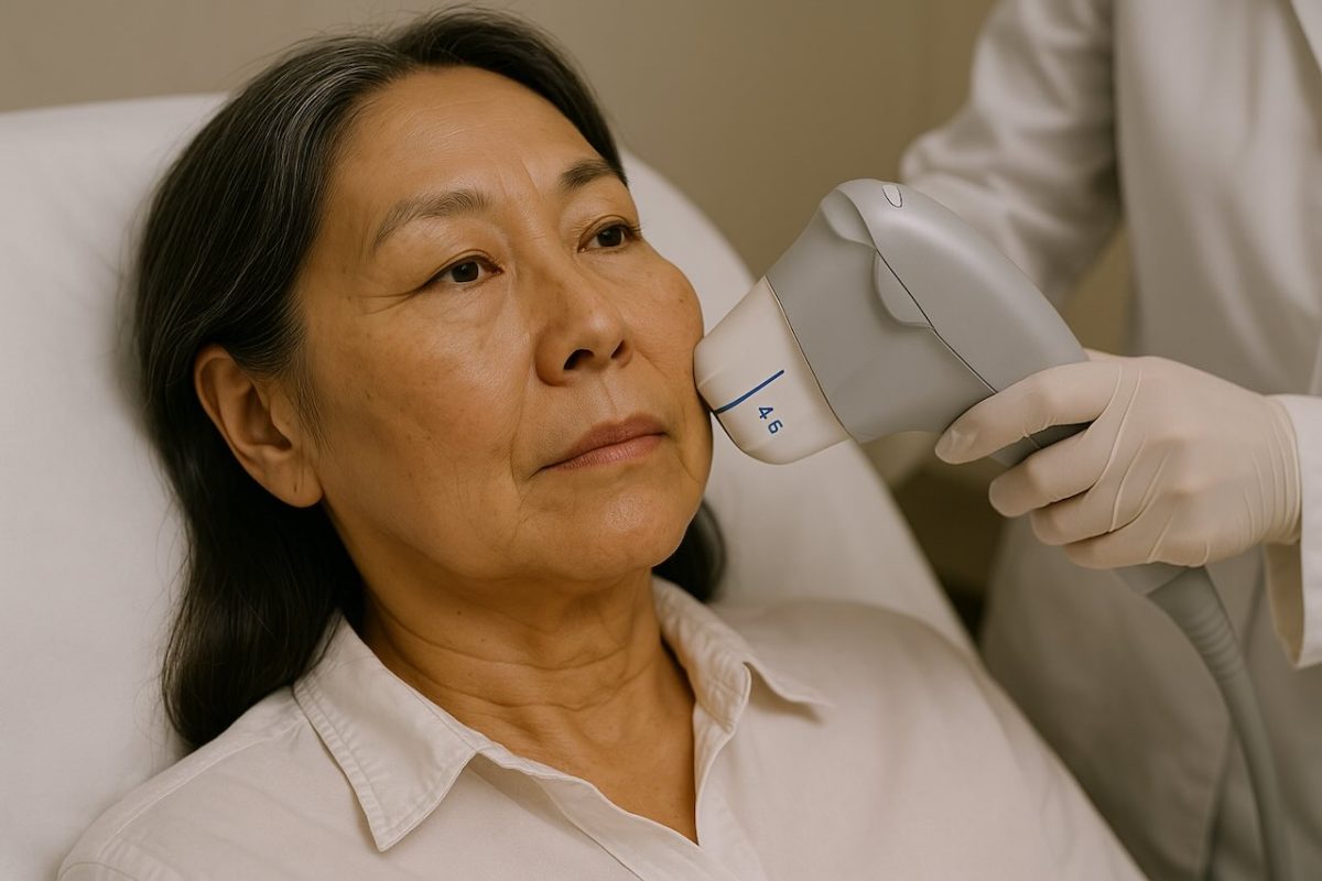 A mature Asian woman receiving Ultherapy treatment on her cheeks at a dermatology clinic.