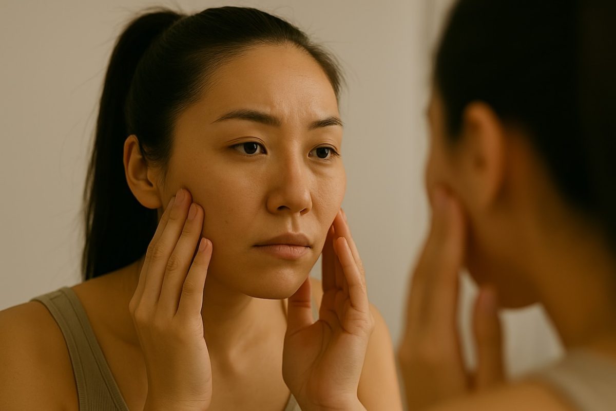 Woman with dull skin examining her face in the mirror, gently touching her cheeks.
