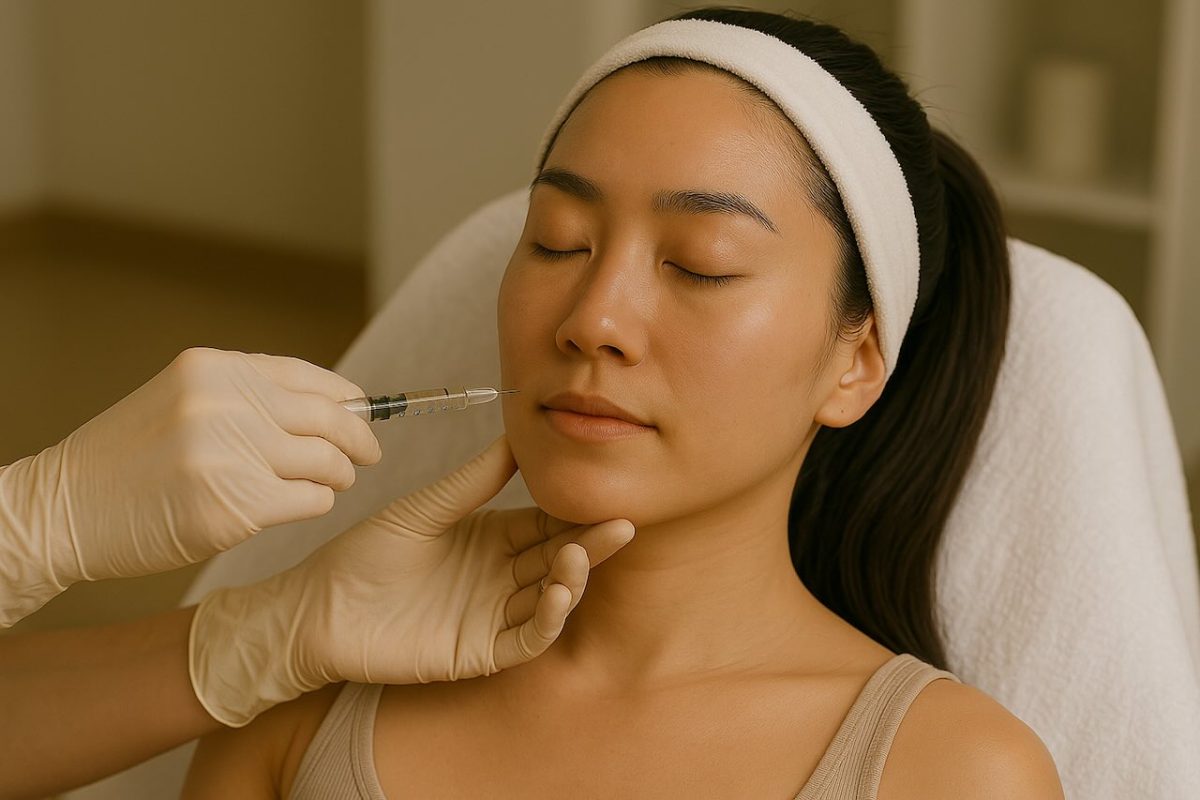 Woman receiving Rejuran injection in her cheek at a dermatology clinic.