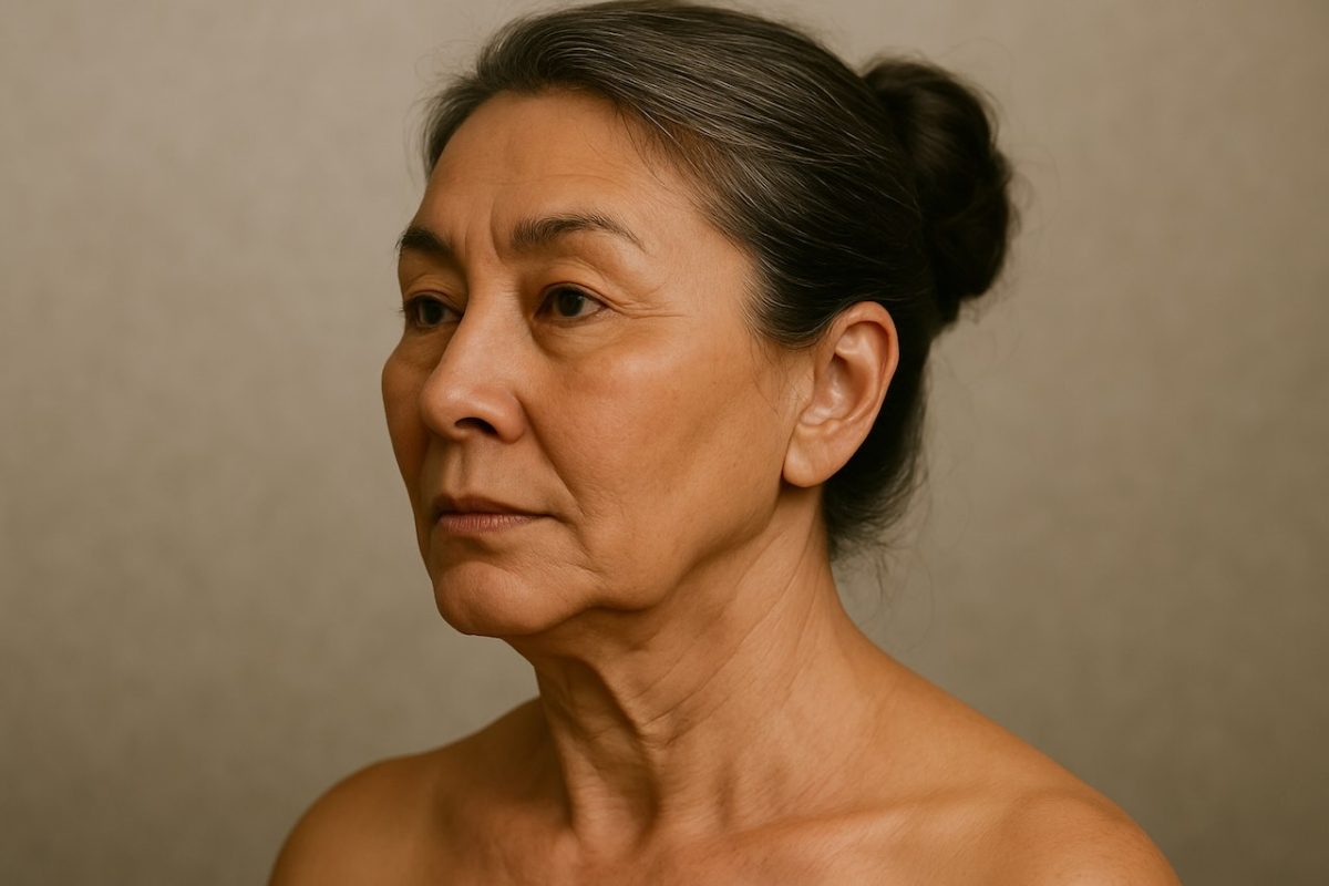 Mature Asian woman with visible sagging on her neck and wrinkles on her face