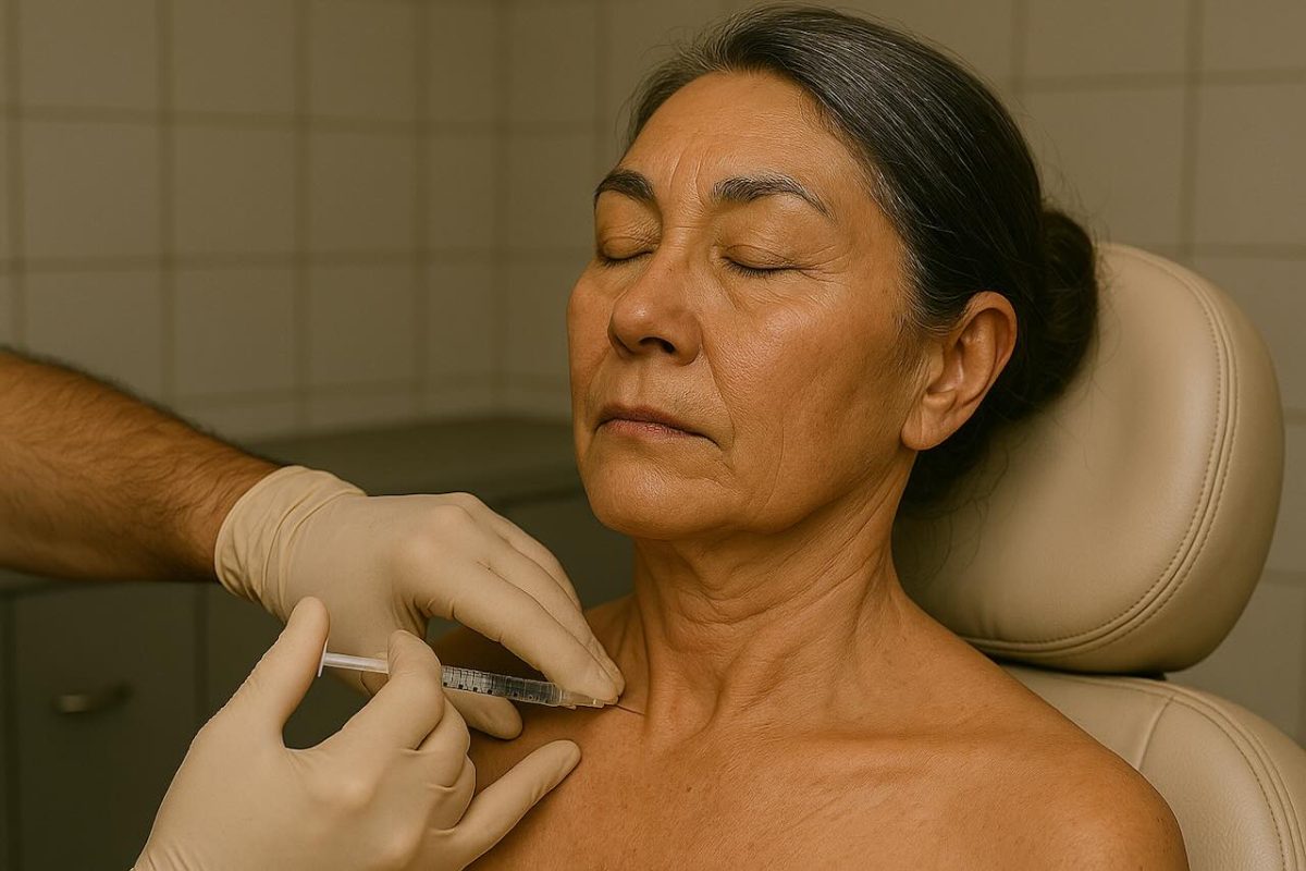 Mature Asian woman receives Botox injection on her neck at a dermatology clinic.