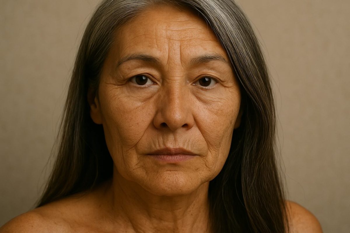 Close-up of an older woman’s face showing natural wrinkles and skin texture.