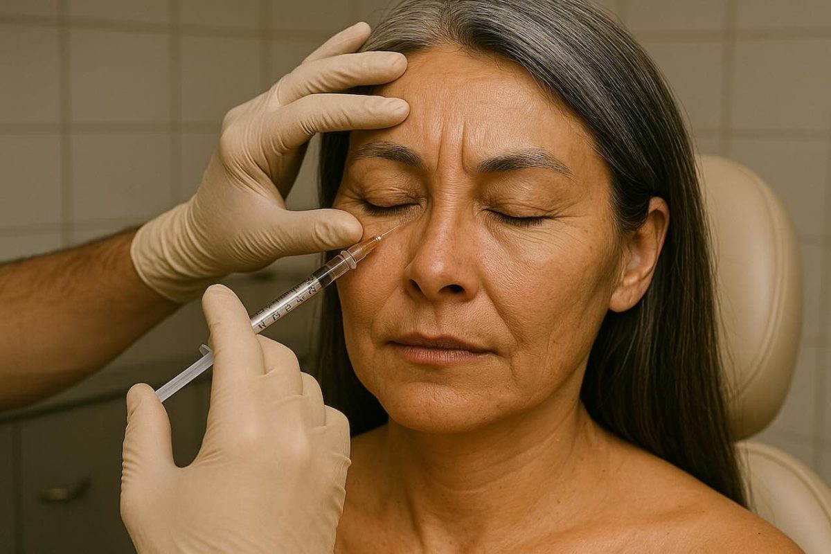 Woman receiving botox for wrinkles under the eyes from a dermatologist