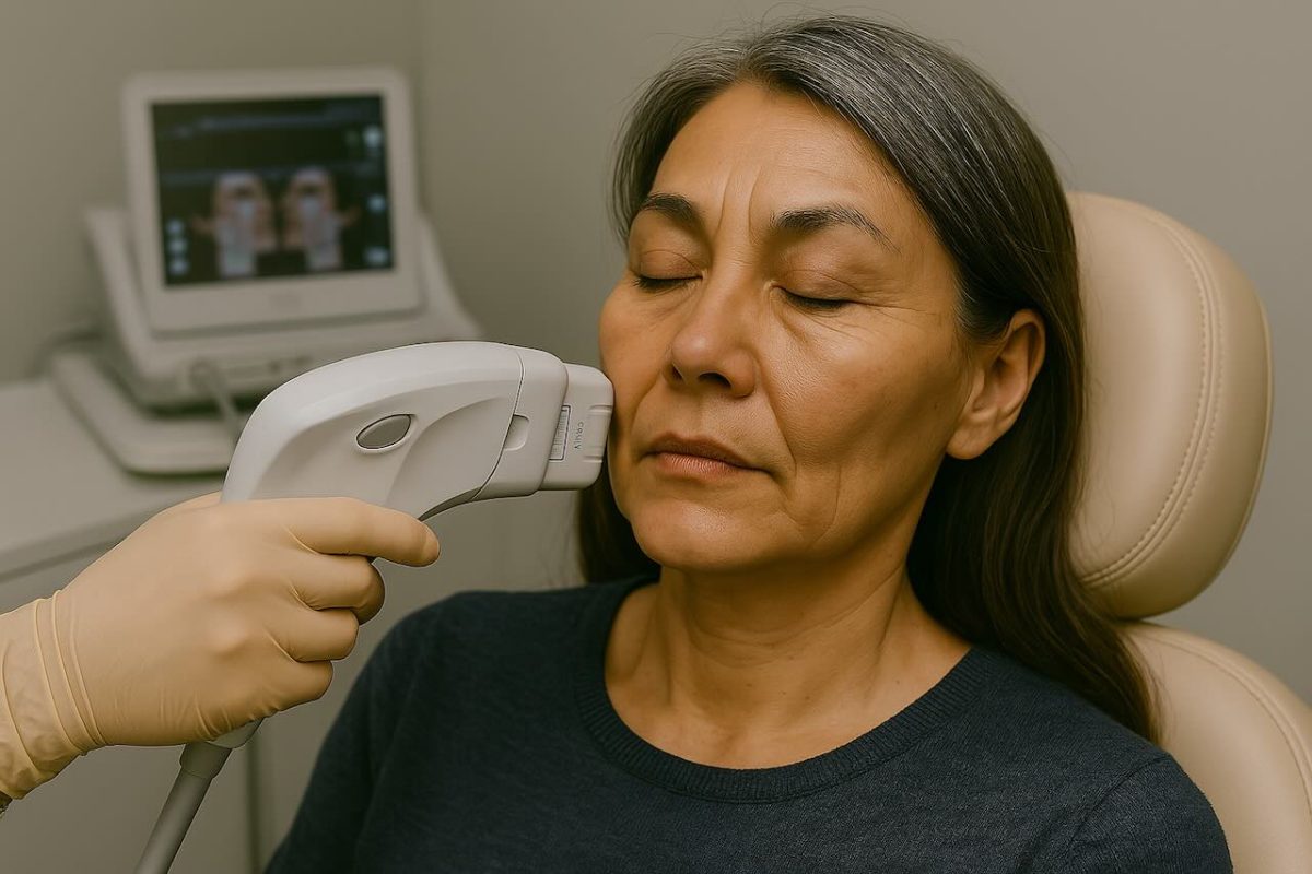 A middle-aged Asian woman with gray hair gets an Ultherapy treatment on her cheek in a clinical setting.