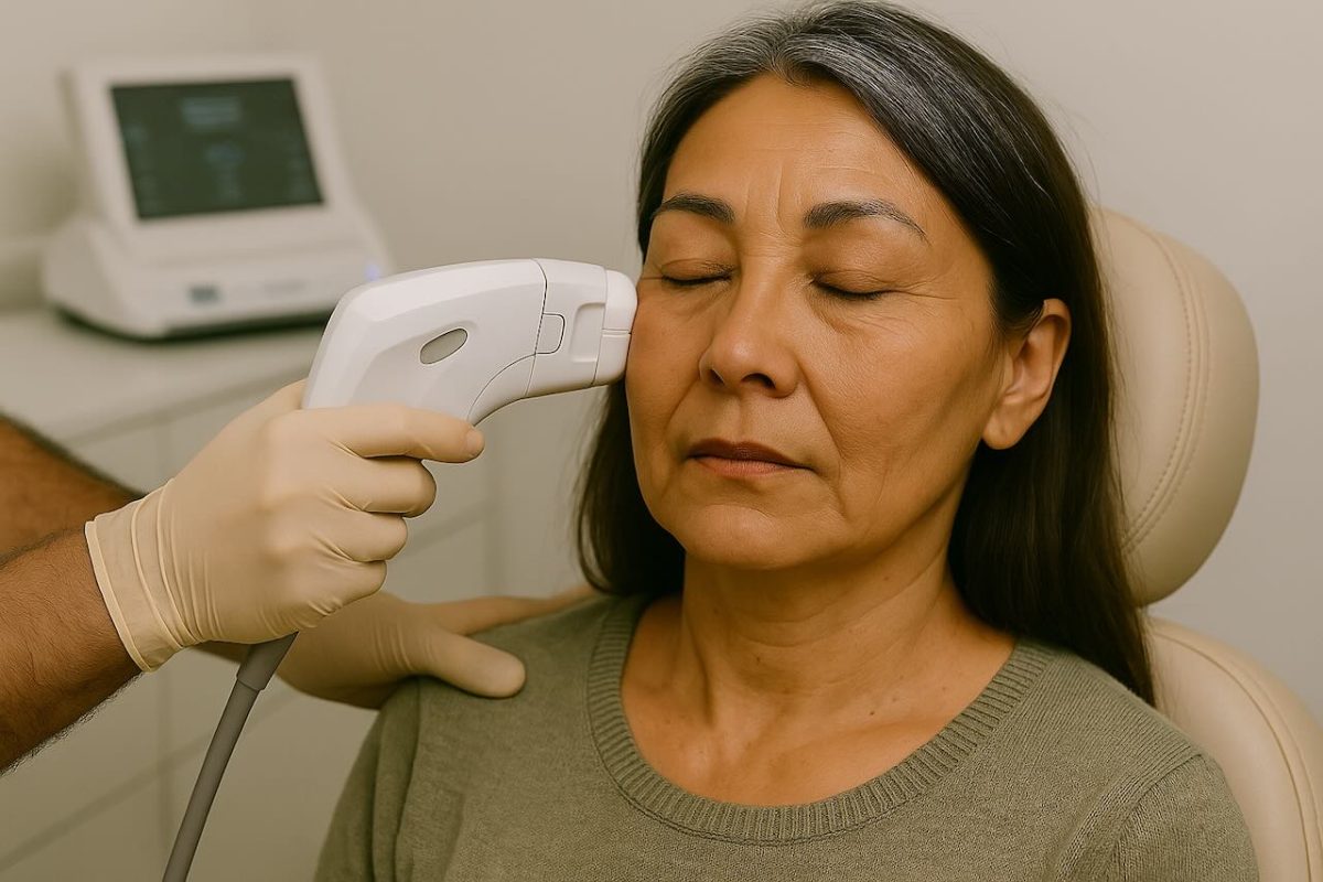 A mature Asian woman with gray hair receives a HIFU treatment on her cheek at a dermatology clinic.