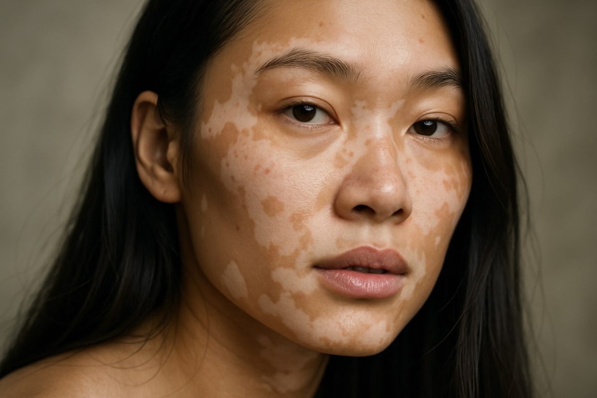 Close-up of a woman’s face with widespread vitiligo patches on her cheeks and forehead.