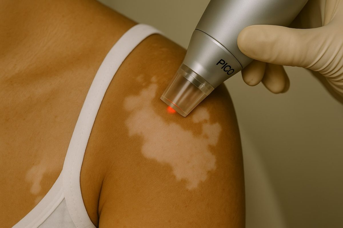 Pico laser device treating a vitiligo patch on the shoulder in a dermatology clinic.