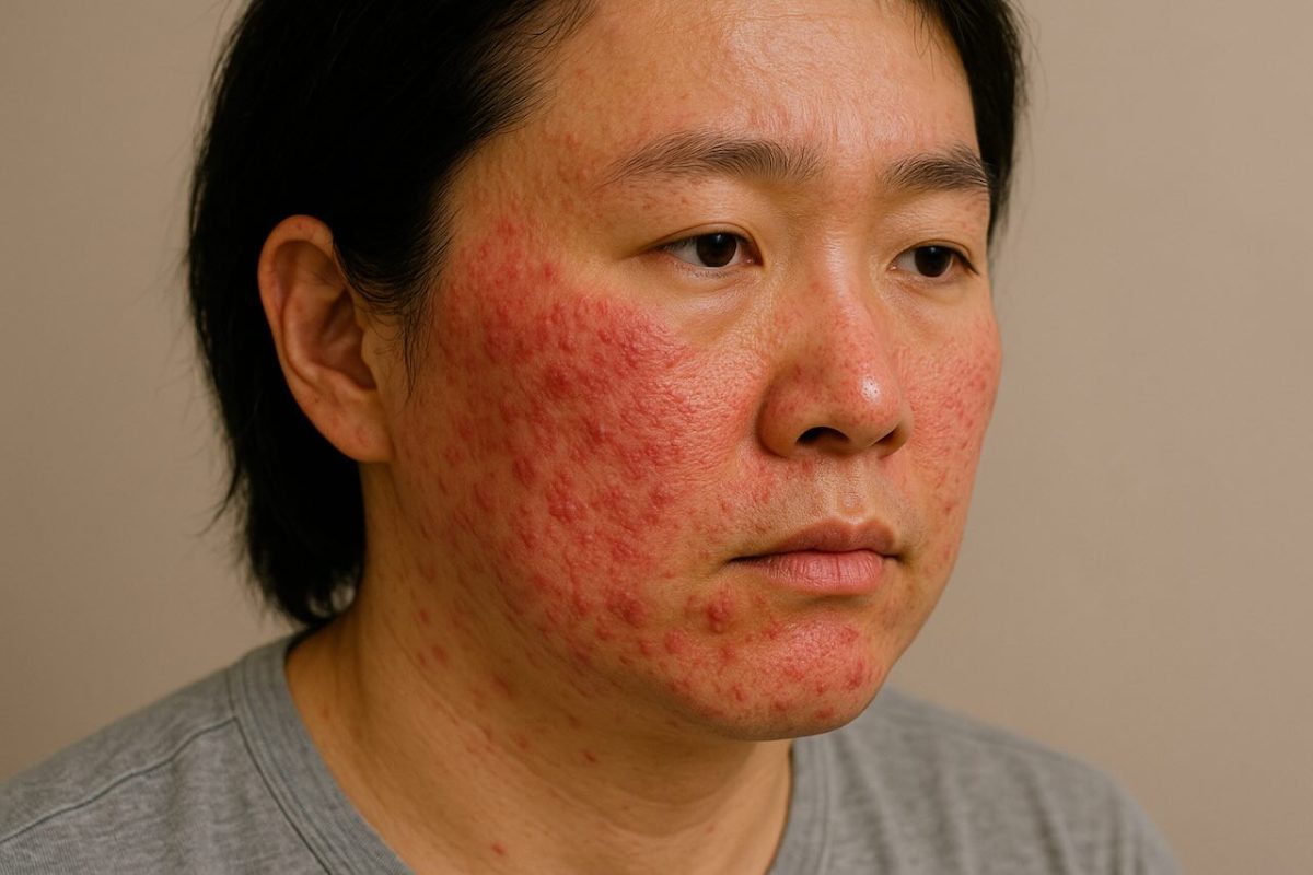 Man with severe red eczema flare-up on face before treatment.