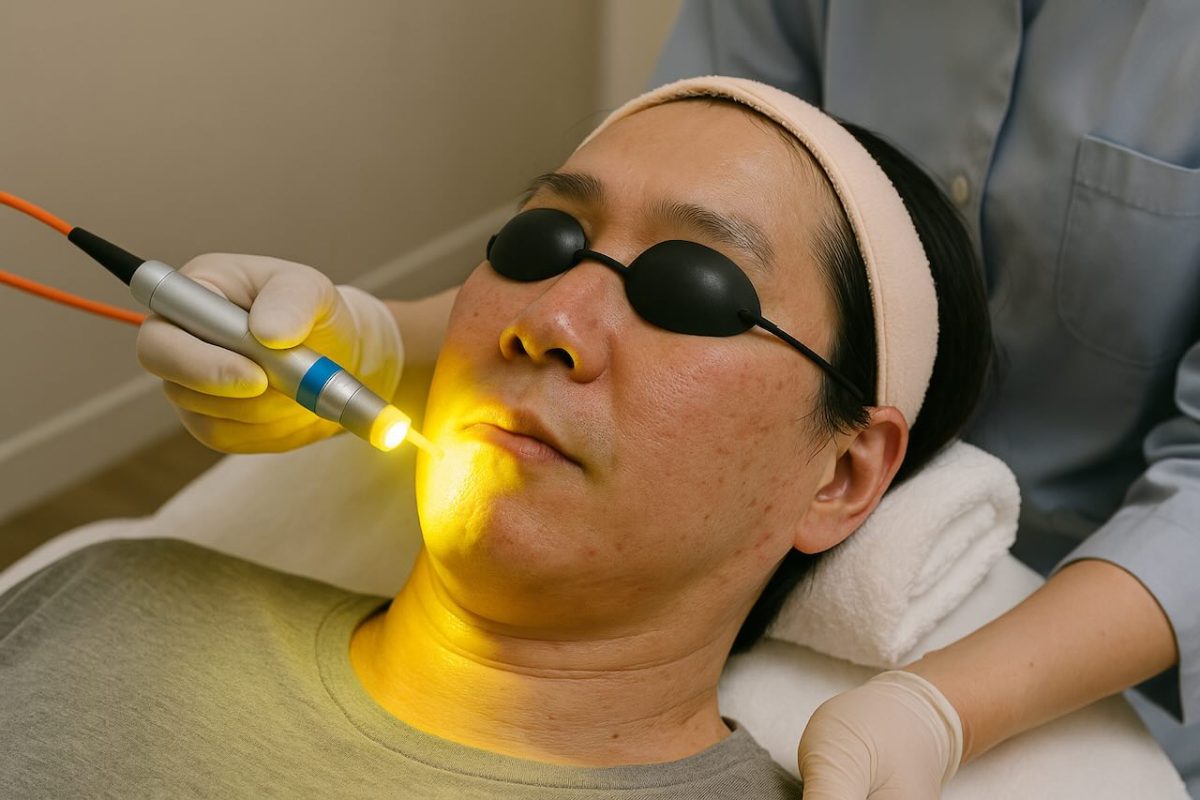 Man undergoing Dual Yellow Laser treatment for allergic eczema at a dermatology clinic.