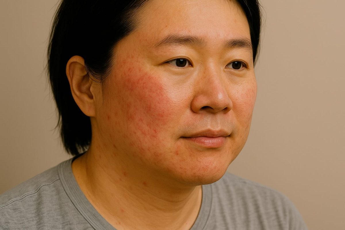Man with mild facial eczema showing redness and inflammation improving after treatment.