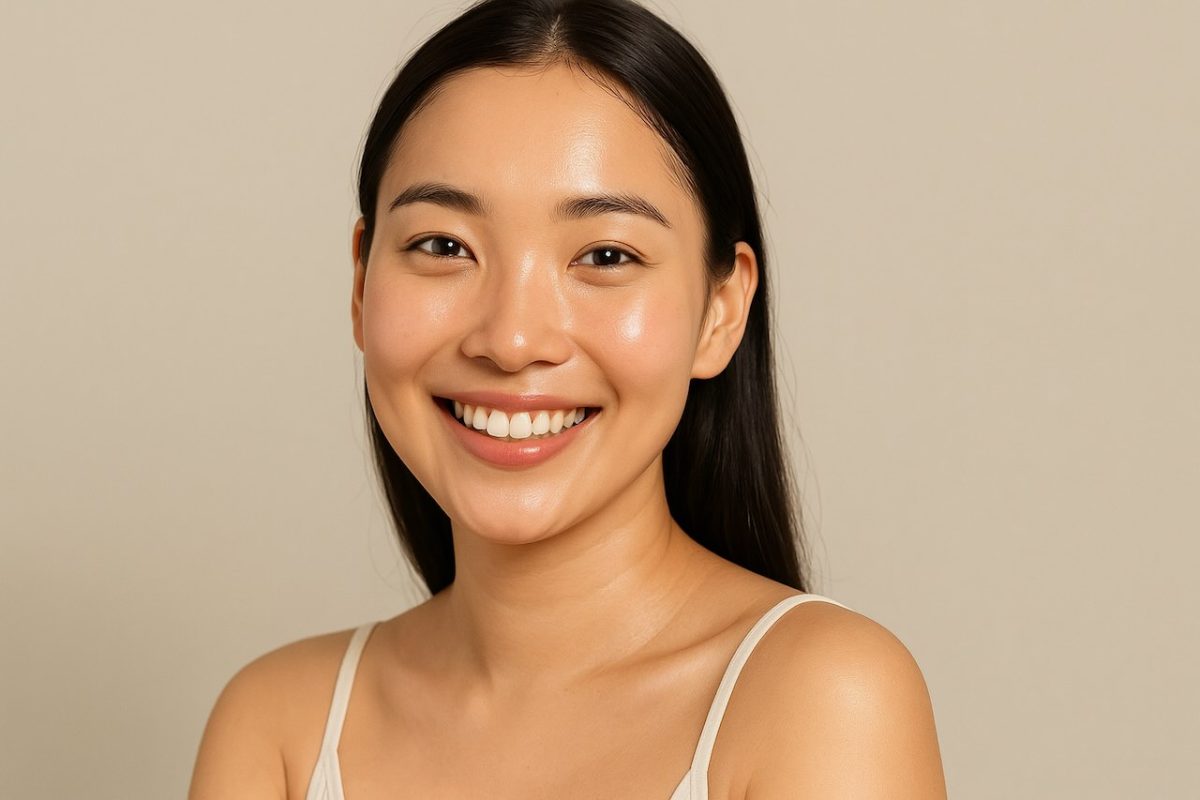 A young Asian lady with clear, radiant skin smiling