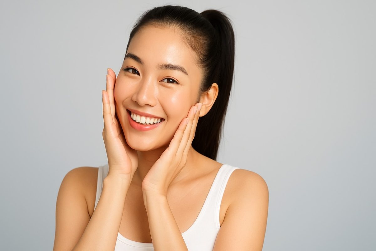 A young Asian lady smiling with clear, glowing skin