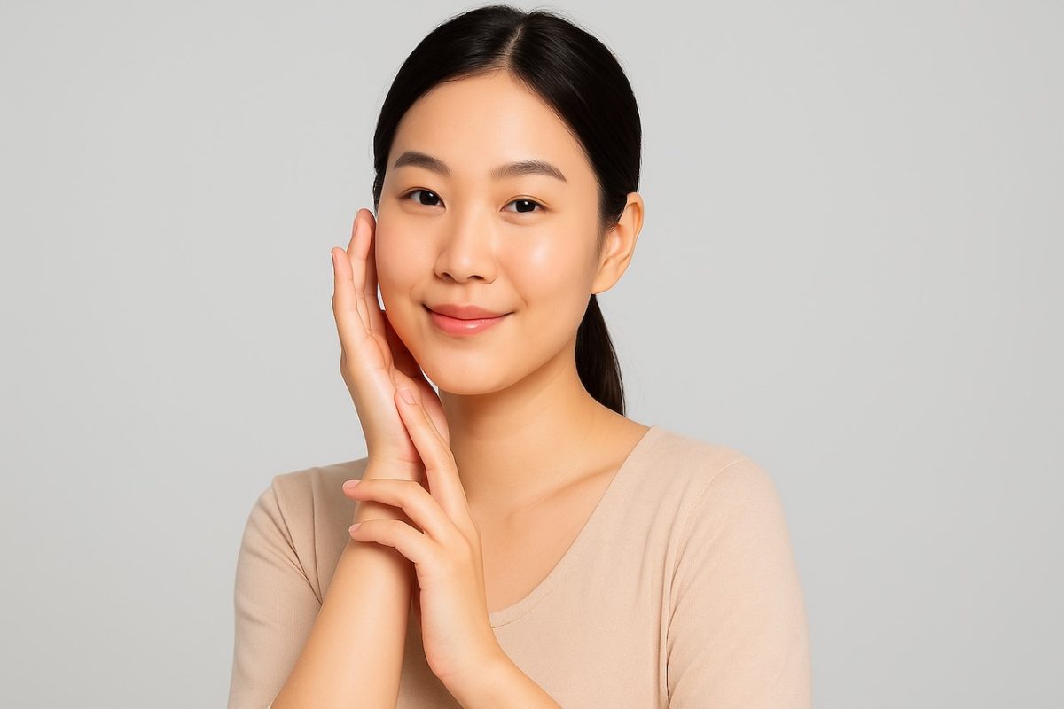 A young Asian woman with clear, radiant skin smiles softly while gently touching her face