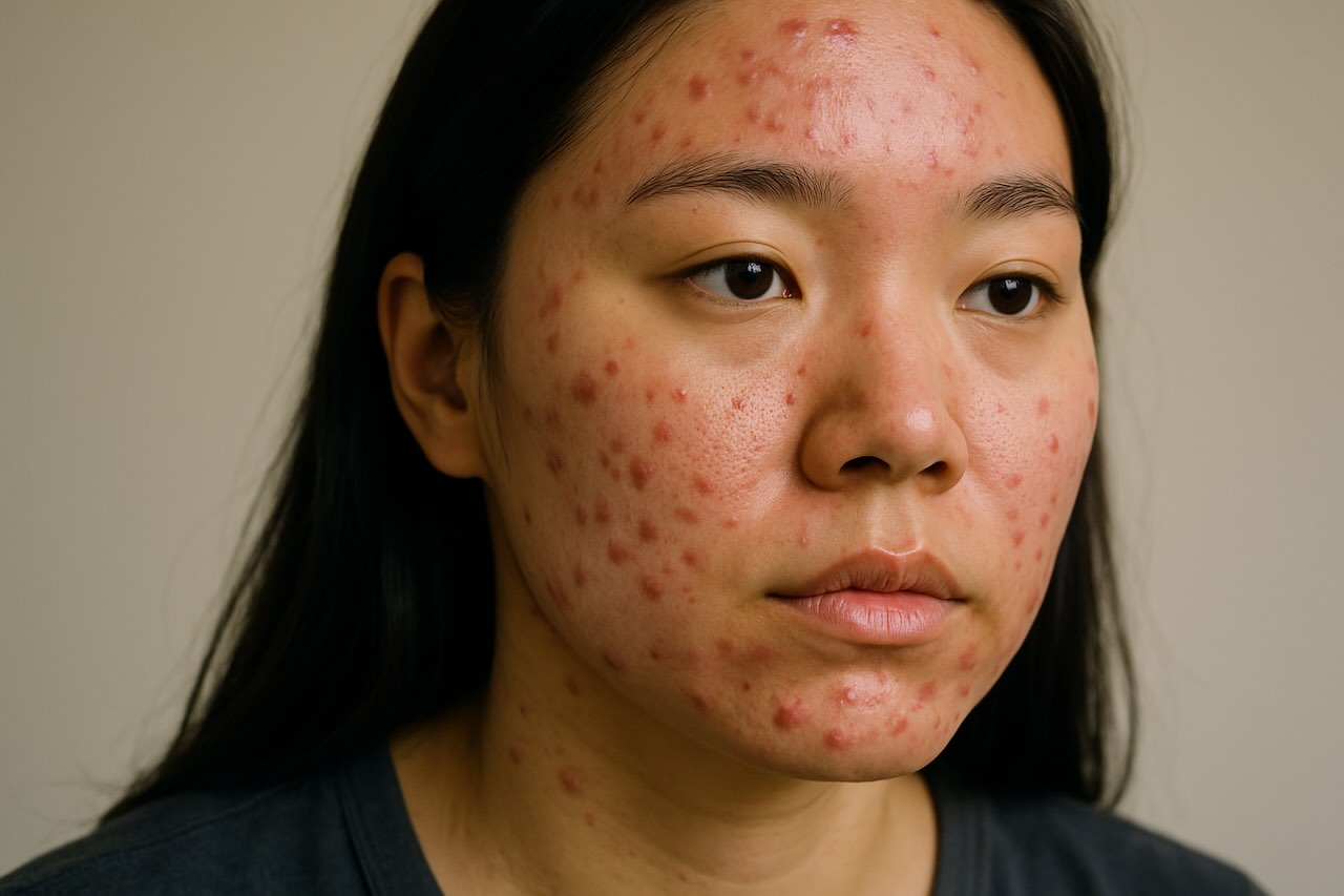 Woman with active acne breakouts and redness on face before treatment.