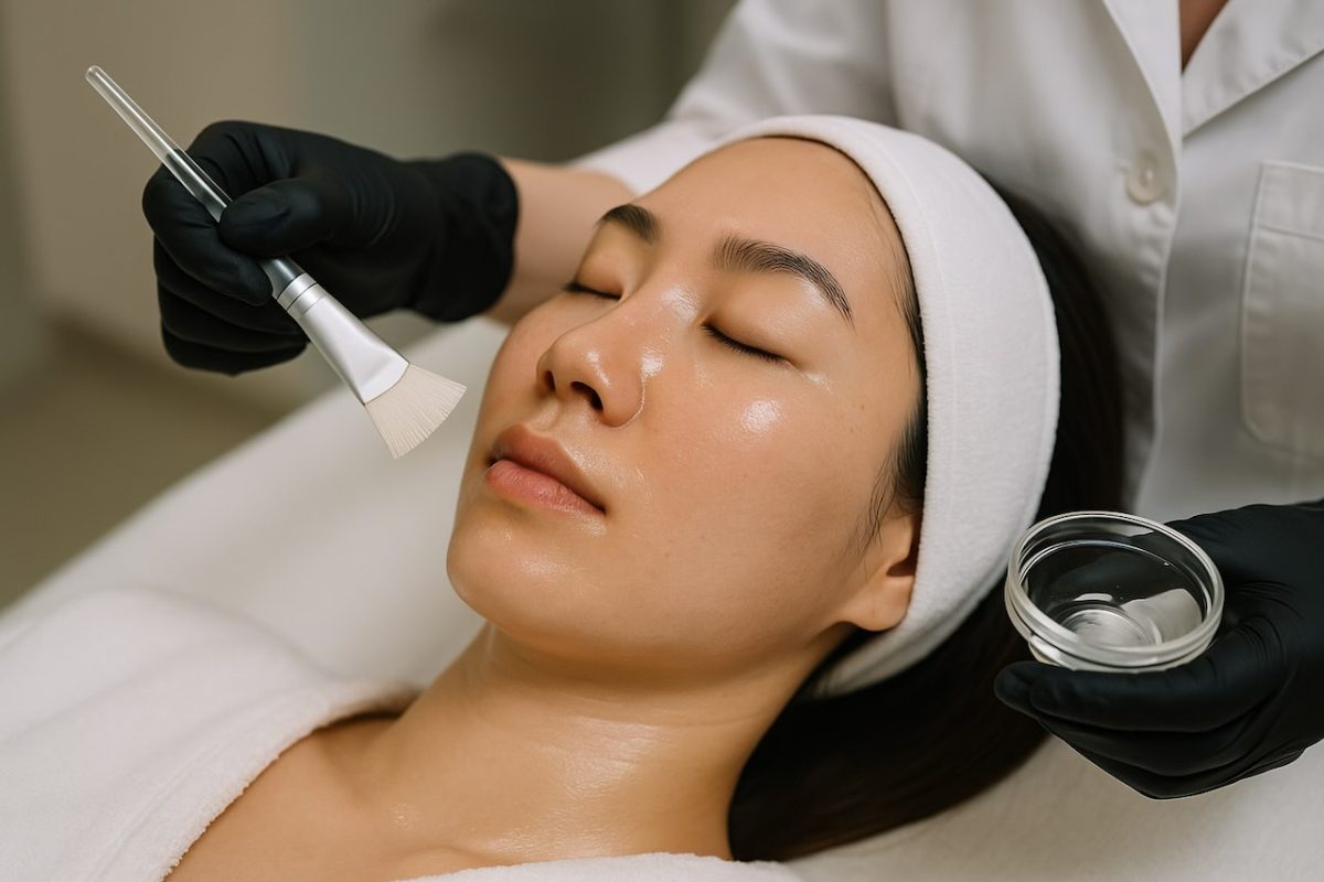 Woman receiving a professional facial peel treatment at a skincare clinic
