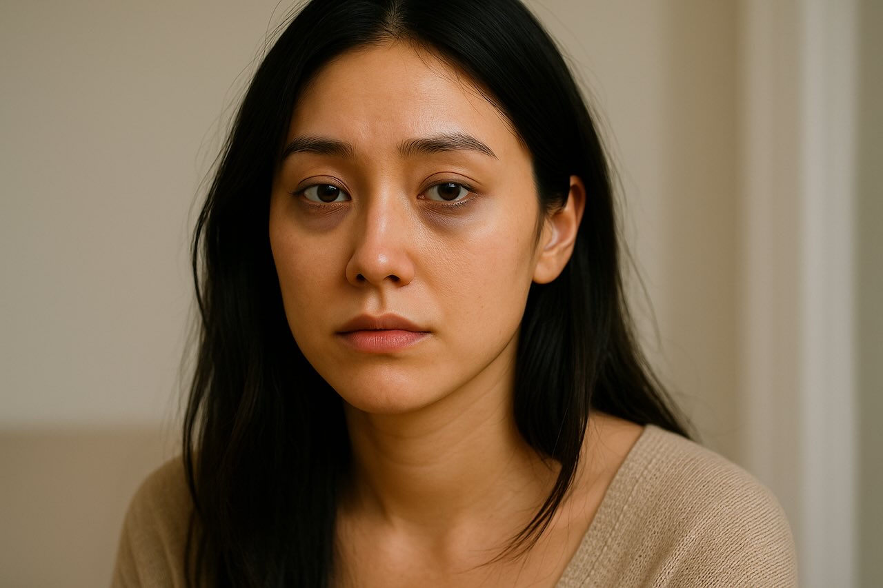 Woman with visible dark circles and tired eyes before treatment.