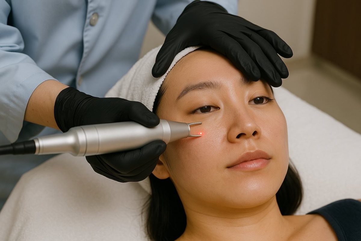 Woman receiving laser treatment for dark circles at a skincare clinic.