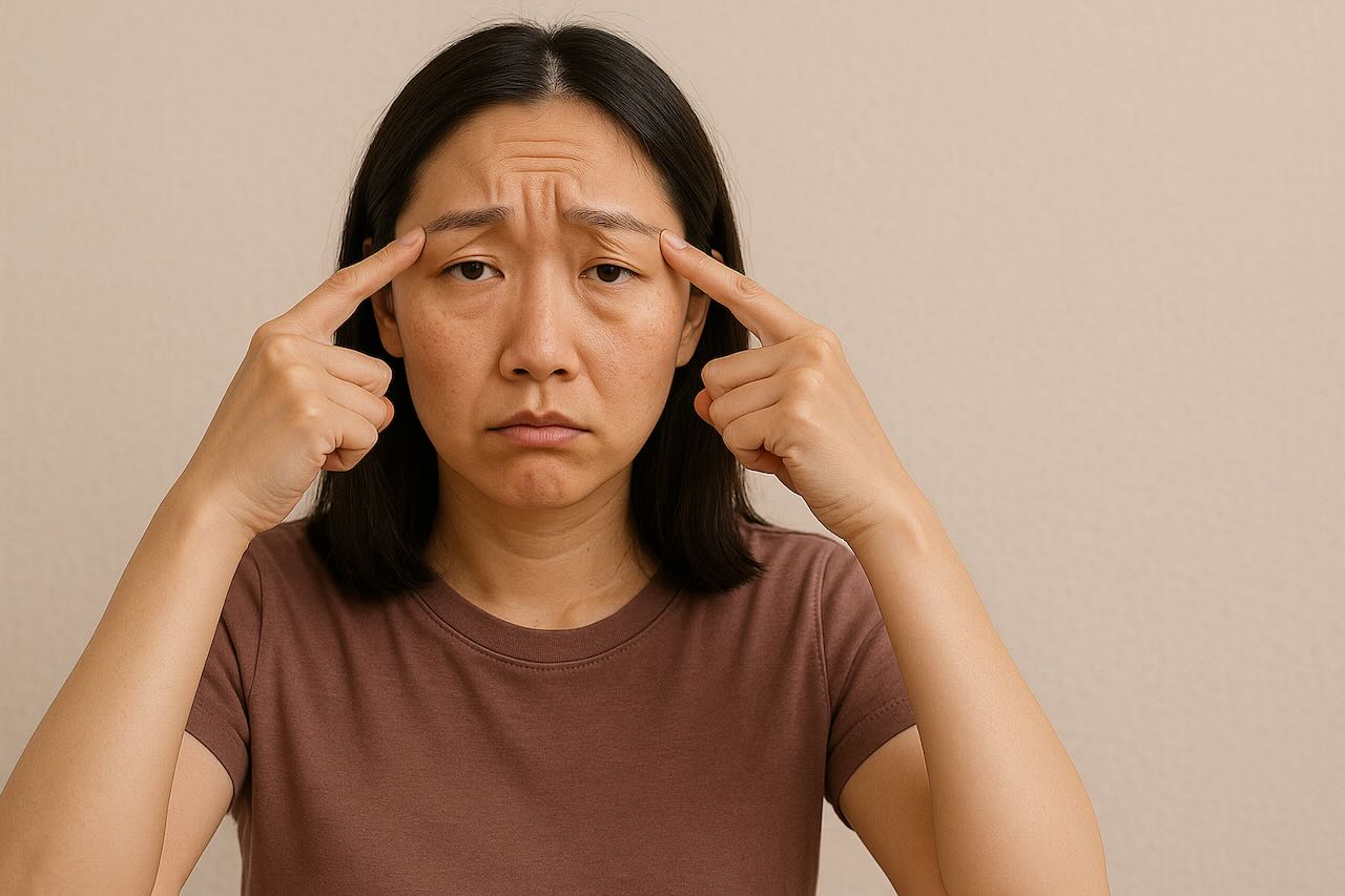 Close-up of a mature Asian woman pointing to her drooping eyebrows