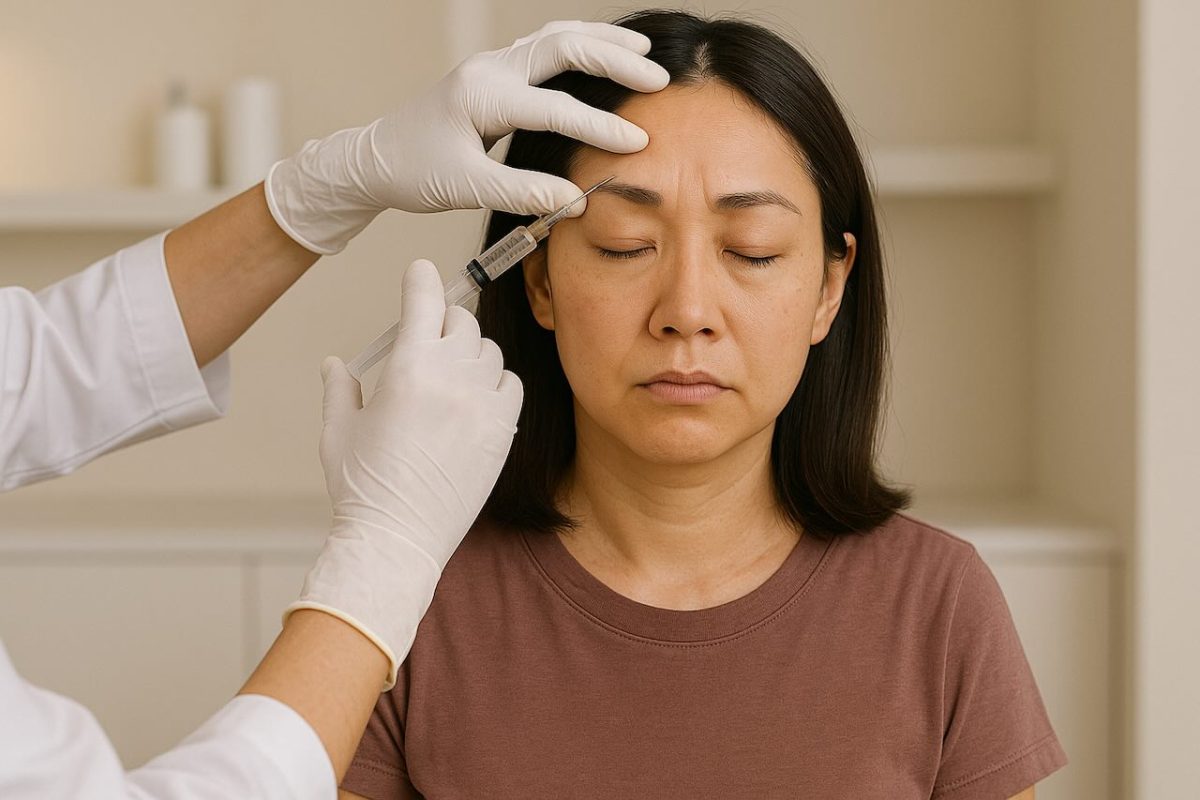 An aesthetic doctor giving a brow lift to a mature Asian woman